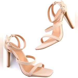 Mysoft Women's Square Toe Stilettos Ankle Strap High Heeled Sandals, Beige 7
